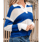 Lexia Blue Stripe Colorblock Polo Collar Eyelet Crochet Knitted Sweater
