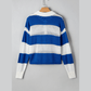Lexia Blue Stripe Colorblock Polo Collar Eyelet Crochet Knitted Sweater