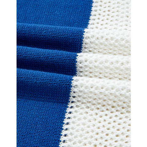 Lexia Blue Stripe Colorblock Polo Collar Eyelet Crochet Knitted Sweater