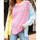 Betsy Multicolor Color Block Striped Patchwork Dolman Sleeve Slit Sweater