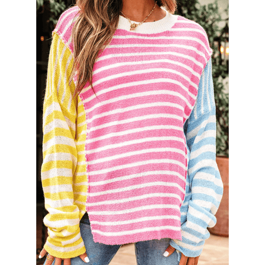 Betsy Multicolor Color Block Striped Patchwork Dolman Sleeve Slit Sweater