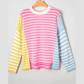 Betsy Multicolor Color Block Striped Patchwork Dolman Sleeve Slit Sweater