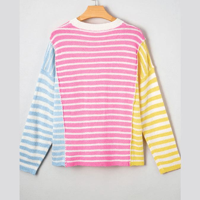 Betsy Multicolor Color Block Striped Patchwork Dolman Sleeve Slit Sweater