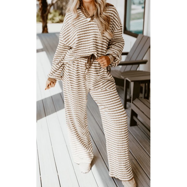 Frances Khaki Stripe Collared Pullover Top and Drawstring Pant Set