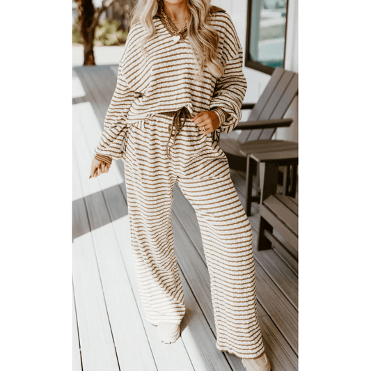 Frances Khaki Stripe Collared Pullover Top and Drawstring Pant Set