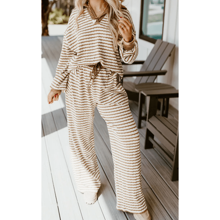 Frances Khaki Stripe Collared Pullover Top and Drawstring Pant Set