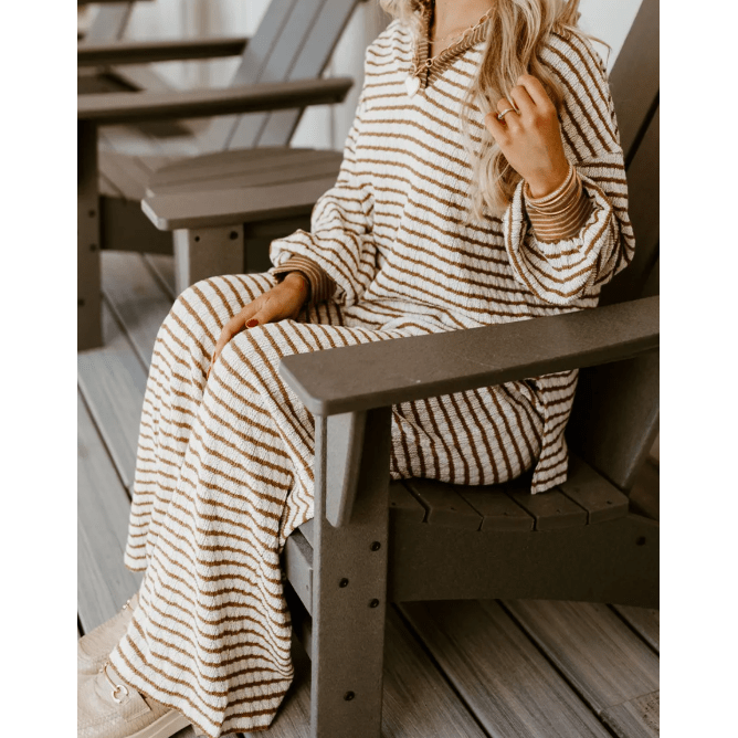 Frances Khaki Stripe Collared Pullover Top and Drawstring Pant Set