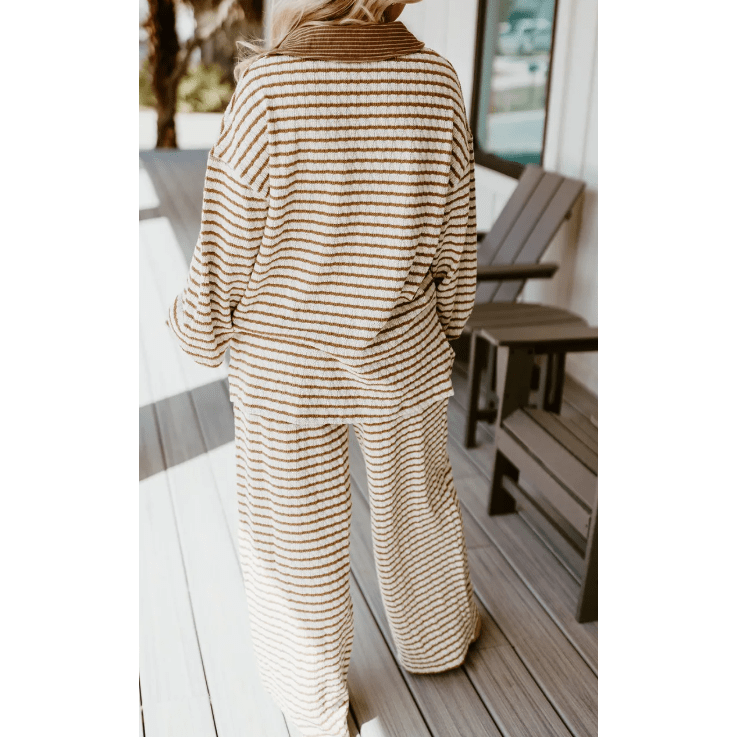 Frances Khaki Stripe Collared Pullover Top and Drawstring Pant Set