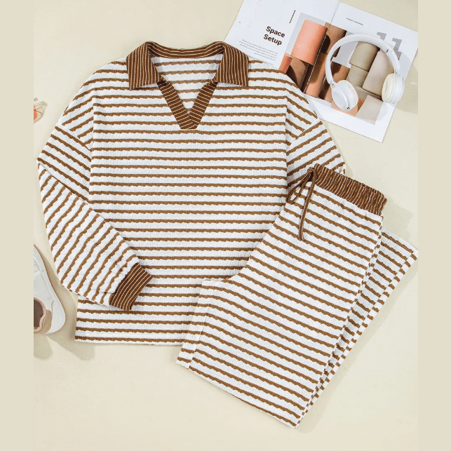 Frances Khaki Stripe Collared Pullover Top and Drawstring Pant Set