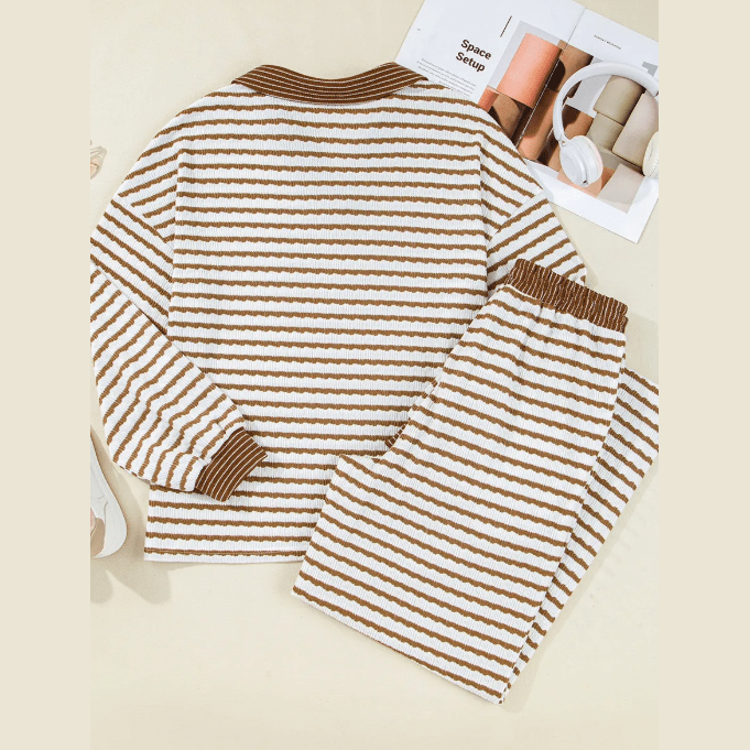 Frances Khaki Stripe Collared Pullover Top and Drawstring Pant Set