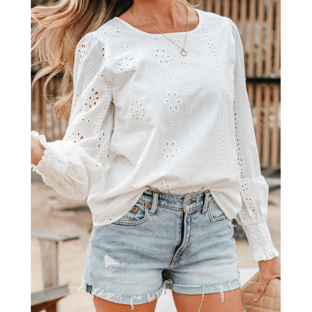 Meryl White Eyelet Embroidered Smocked Cuff Sheer Blouse