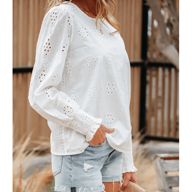 Meryl White Eyelet Embroidered Smocked Cuff Sheer Blouse