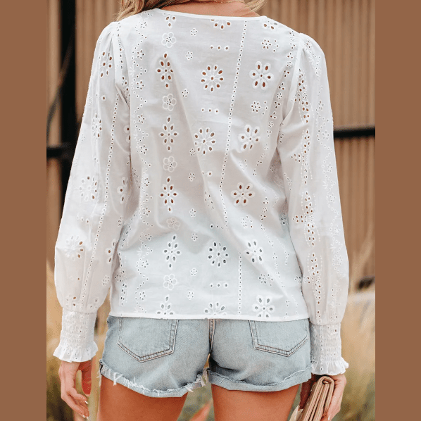 Meryl White Eyelet Embroidered Smocked Cuff Sheer Blouse