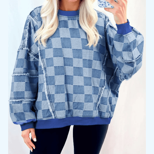 Cierra Sky Blue Checkerboard Splicing Raw Detail Oversized Denim Pullover