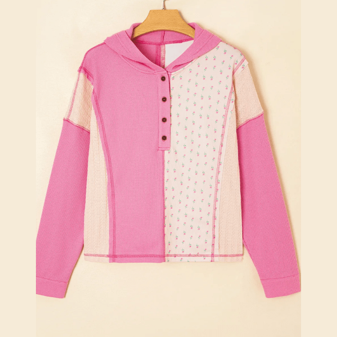 Lani Pink Mixed Texture Waffle Floral Patchwork Hooded Oversize Pullover