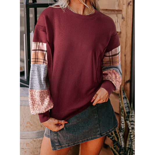 Delinda Plaid Colorblock Patchwork Sleeve Raw Seam Sweatshirt