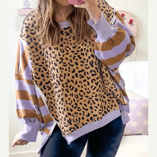 Shantae Purple Stripe Color Block Patchwork Leopard Casual Sweatshirt with Slits