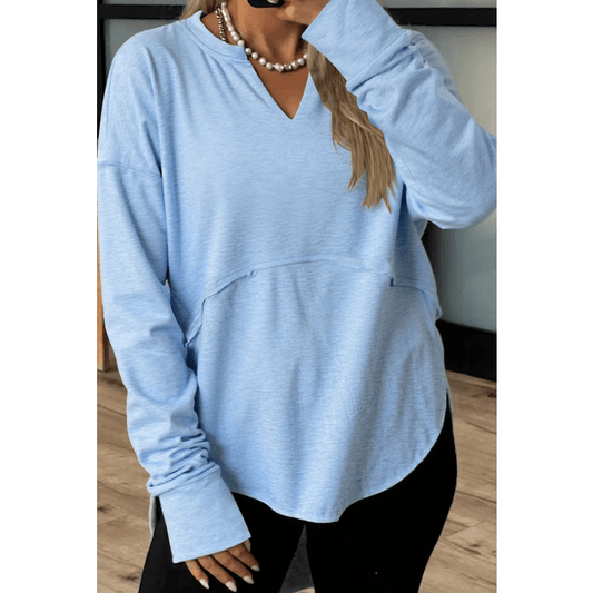 Remy Blue Notched Neck Terry Raw Hem Long Sleeve Top