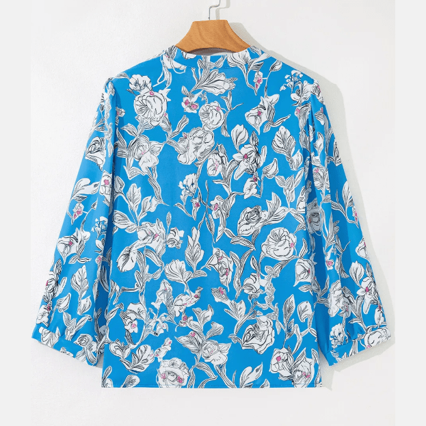 Lana Sky Blue V Neck Floral Print 3/4 Puff Sleeve Blouse
