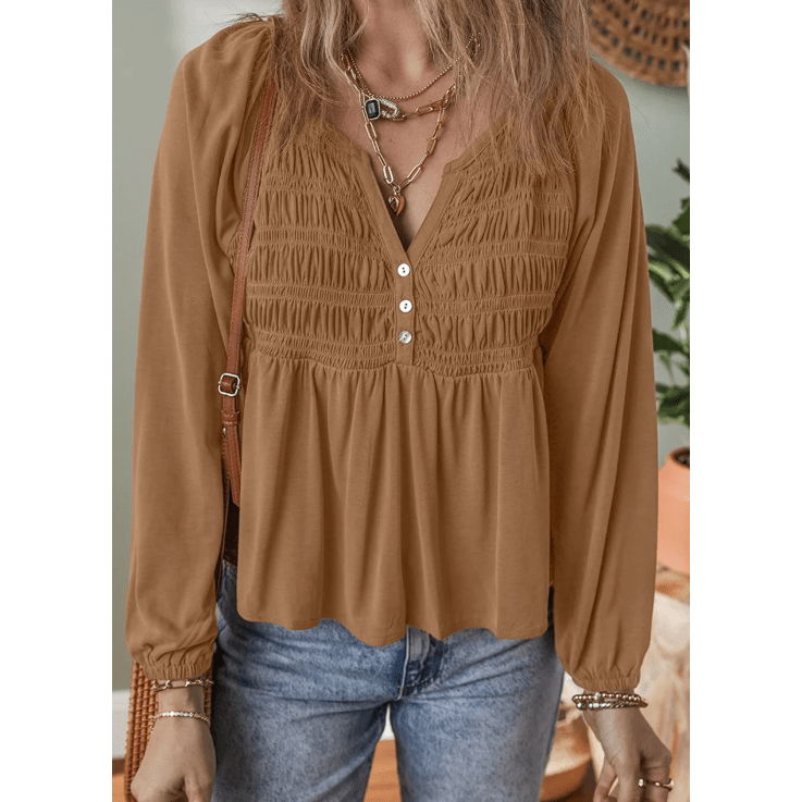Kleo Cinnamon Smocked Bust Buttoned Split V Neck Flow Fit Blouse