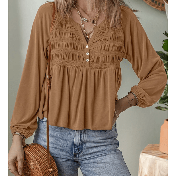 Kleo Cinnamon Smocked Bust Buttoned Split V Neck Flow Fit Blouse