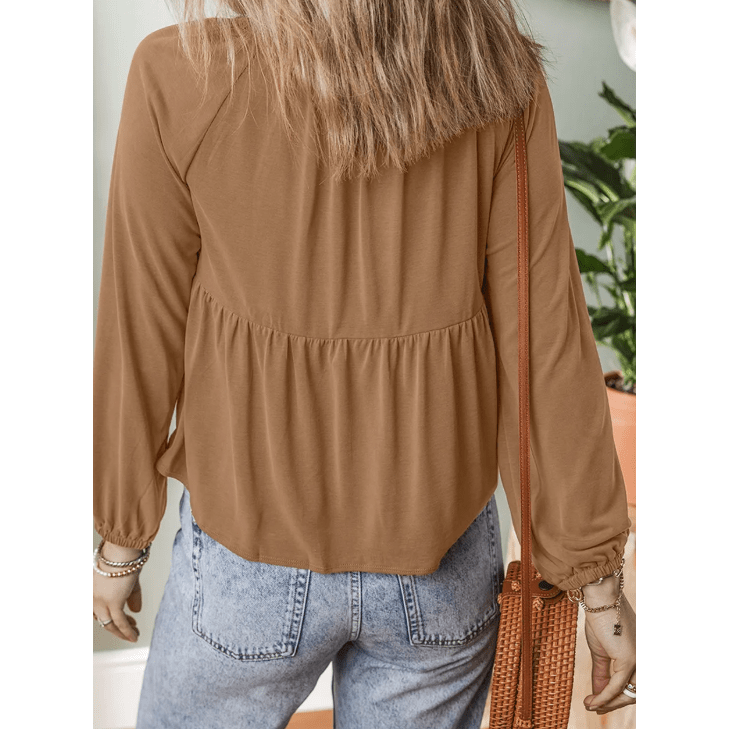 Kleo Cinnamon Smocked Bust Buttoned Split V Neck Flow Fit Blouse