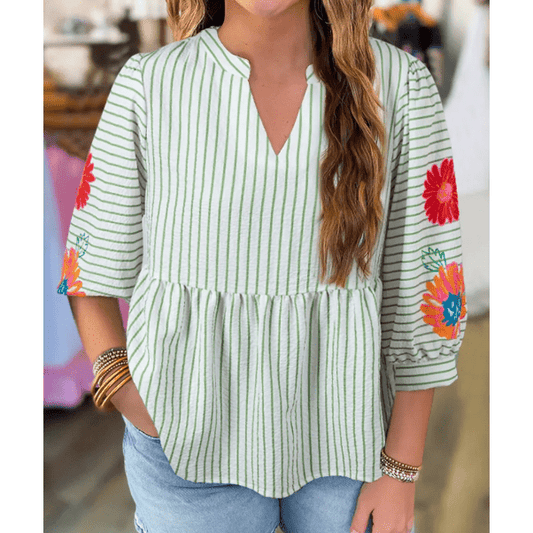 Dusty Green Stripe Flower Puff Sleeve Notched V Neck Babydoll Blouse