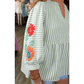 Dusty Green Stripe Flower Puff Sleeve Notched V Neck Babydoll Blouse