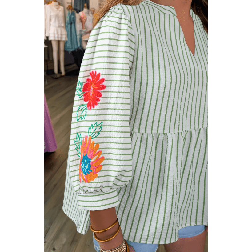 Dusty Green Stripe Flower Puff Sleeve Notched V Neck Babydoll Blouse