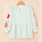 Dusty Green Stripe Flower Puff Sleeve Notched V Neck Babydoll Blouse