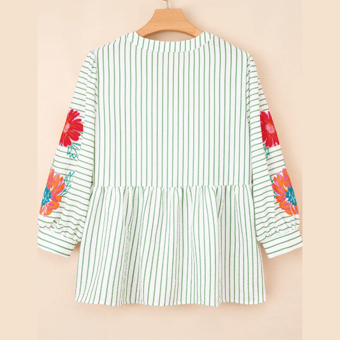 Dusty Green Stripe Flower Puff Sleeve Notched V Neck Babydoll Blouse