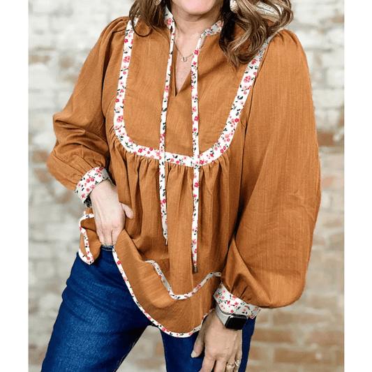 Journee Split Neck Pleated Floral Trim Long Puff Sleeve Blouse