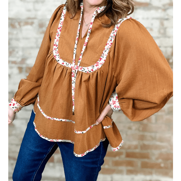 RTS Journee Split Neck Pleated Floral Trim Long Puff Sleeve Blouse