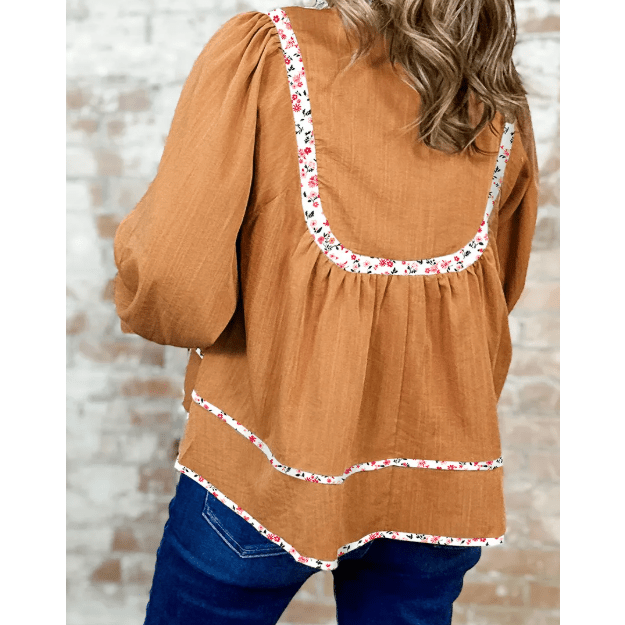 RTS Journee Split Neck Pleated Floral Trim Long Puff Sleeve Blouse