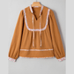 RTS Journee Split Neck Pleated Floral Trim Long Puff Sleeve Blouse