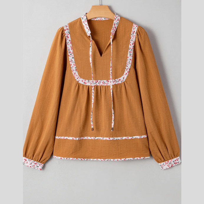 RTS Journee Split Neck Pleated Floral Trim Long Puff Sleeve Blouse