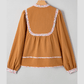 RTS Journee Split Neck Pleated Floral Trim Long Puff Sleeve Blouse