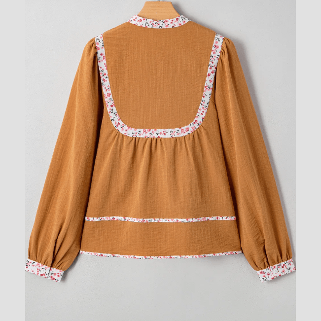 RTS Journee Split Neck Pleated Floral Trim Long Puff Sleeve Blouse