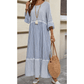 Cait Sky Blue Stripe Patchwork Crossed Lace Detail Bracelet Sleeve Maxi Dress
