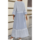 Cait Sky Blue Stripe Patchwork Crossed Lace Detail Bracelet Sleeve Maxi Dress