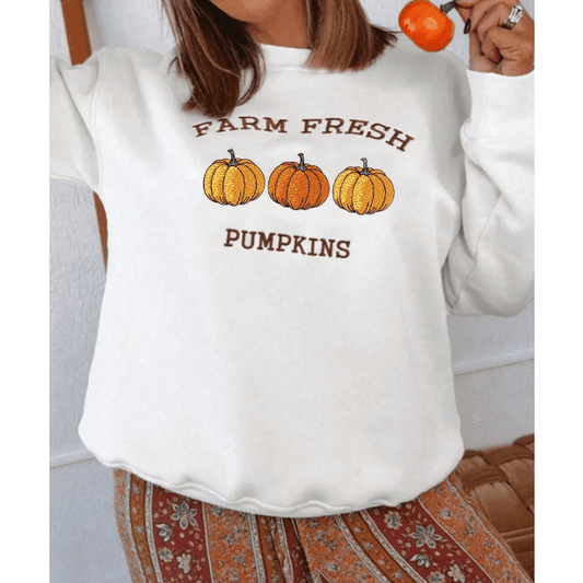 White FARM FRESH PUMPKINS Embroidered Graphic Thanksgiving Holiday Sweatshirt