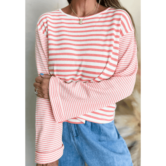 RTS Emilia Pink Stripe Textured Contrast Dropped Long Sleeve Top