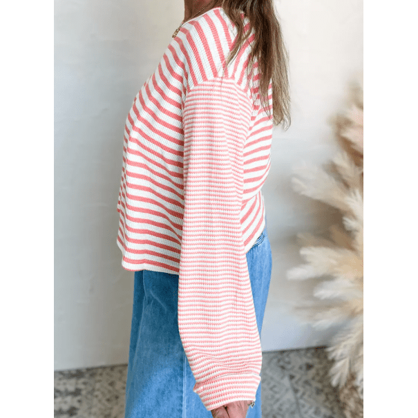 RTS Emilia Pink Stripe Textured Contrast Dropped Long Sleeve Top