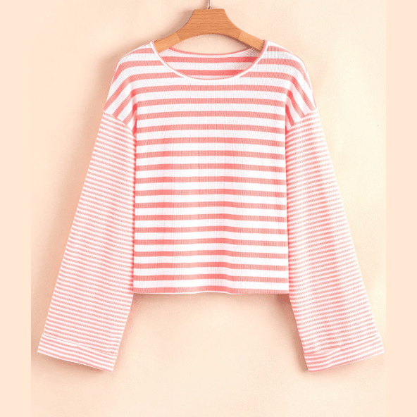 RTS Emilia Pink Stripe Textured Contrast Dropped Long Sleeve Top
