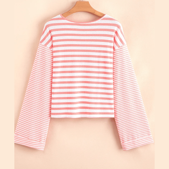 RTS Emilia Pink Stripe Textured Contrast Dropped Long Sleeve Top