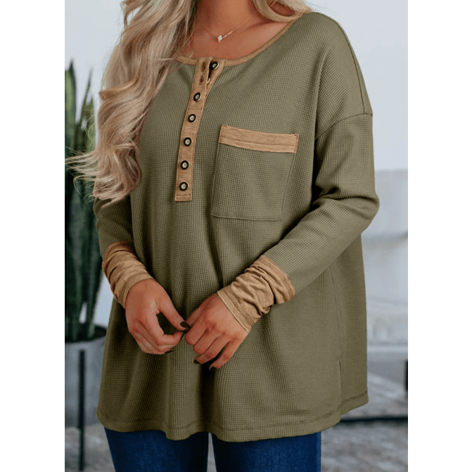 RTS Vineyard Green Color Block Waffle Textured Tunic Henley Top with Slits