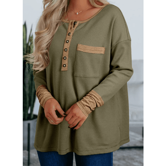 RTS Vineyard Green Color Block Waffle Textured Tunic Henley Top with Slits