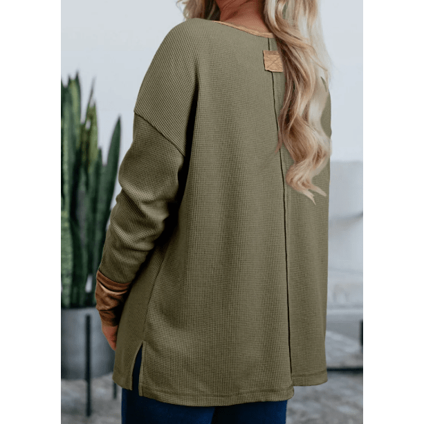 RTS Vineyard Green Color Block Waffle Textured Tunic Henley Top with Slits
