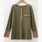 RTS Vineyard Green Color Block Waffle Textured Tunic Henley Top with Slits