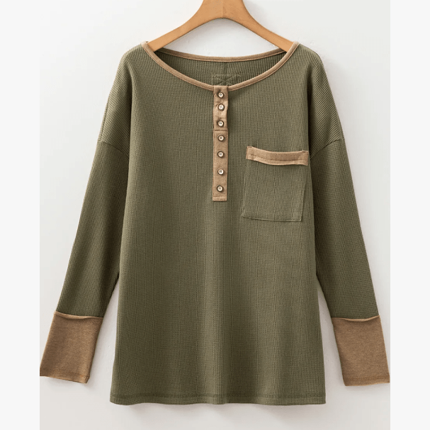 RTS Vineyard Green Color Block Waffle Textured Tunic Henley Top with Slits